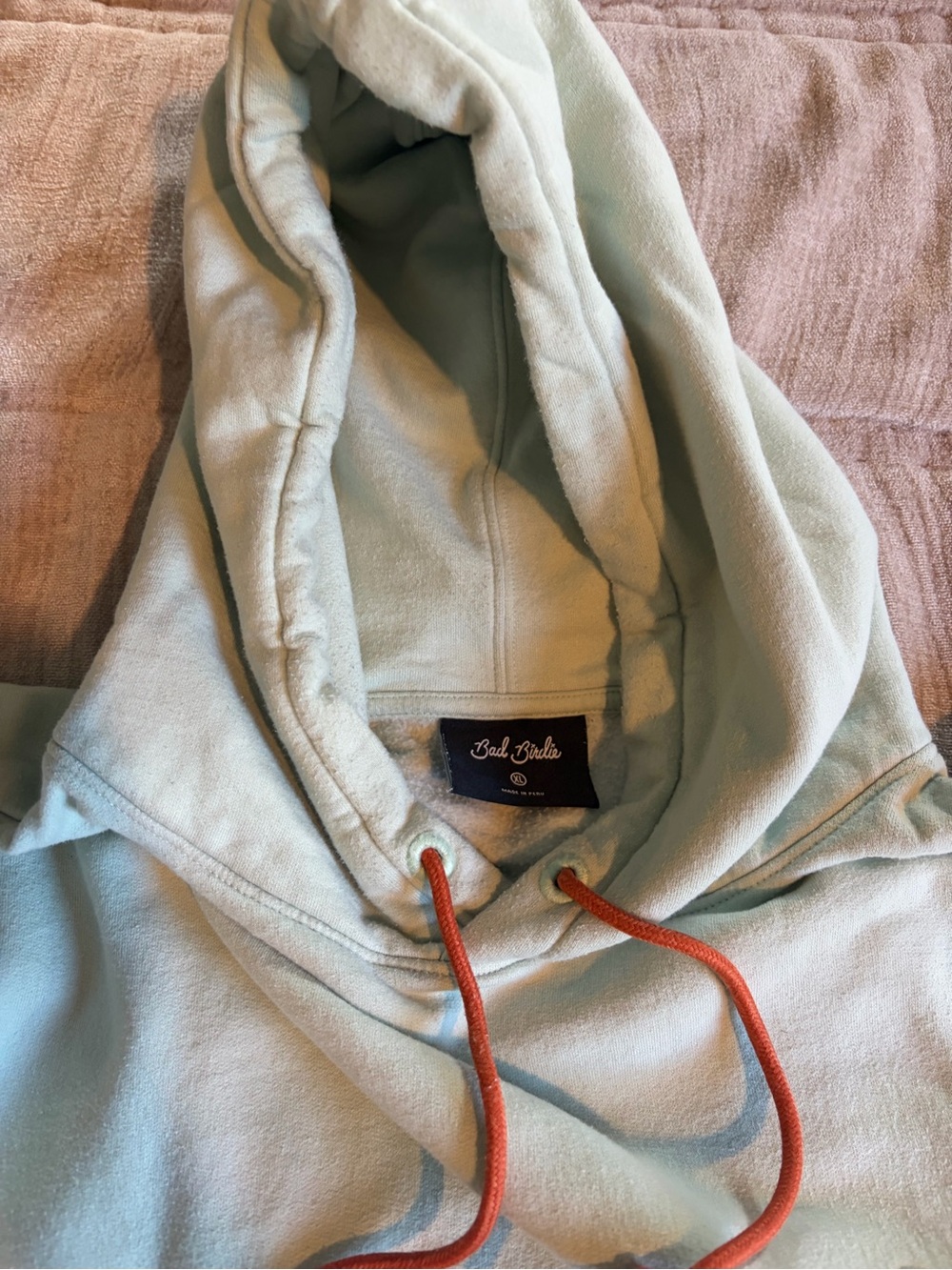 Bad Birdie Mint Green Pullover Hoodie with Orange Drawstrings